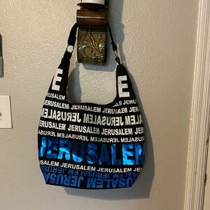 Black Messenger Bag with Metallic Blue 'Jerusalem' Accent